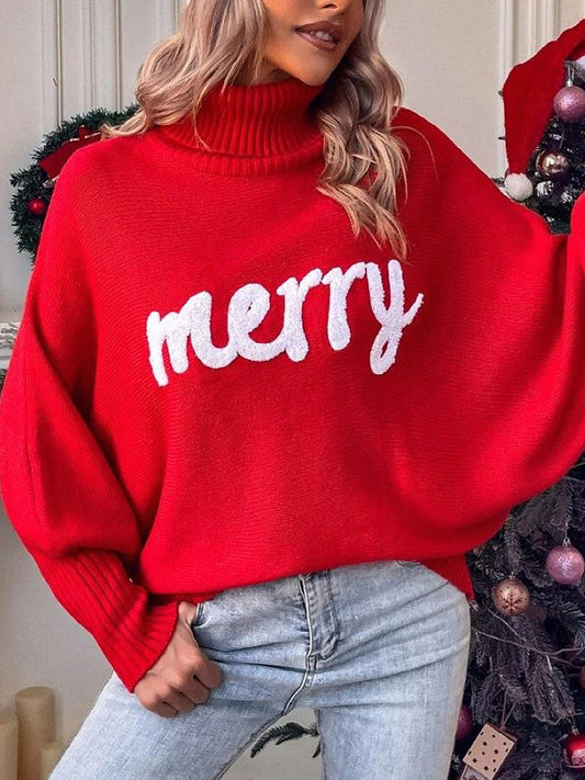 Christmas Embroidered High Collar Loose Knitted Sweater