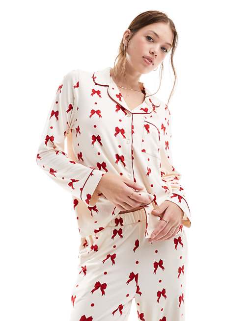 Exclusive poly red bow print PJs in cream