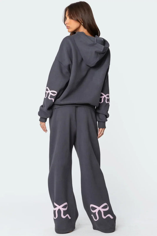 Women 2-Piece Set Casual Bow Print Hoodie And Sweatpants