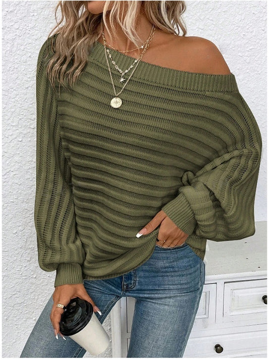 Solid Color Sunken Stripe Pullover Long Sleeve Knitted Sweater