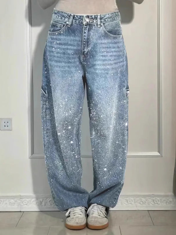 Casual Rhinestone Loose Harem Jeans