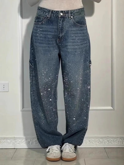 Casual Rhinestone Loose Harem Jeans