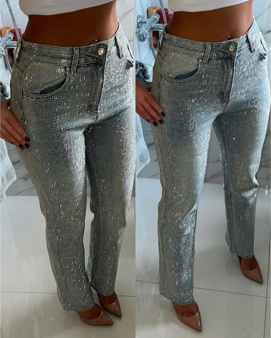 Diamanté Embellished Straight Leg Blue Denim Jeans