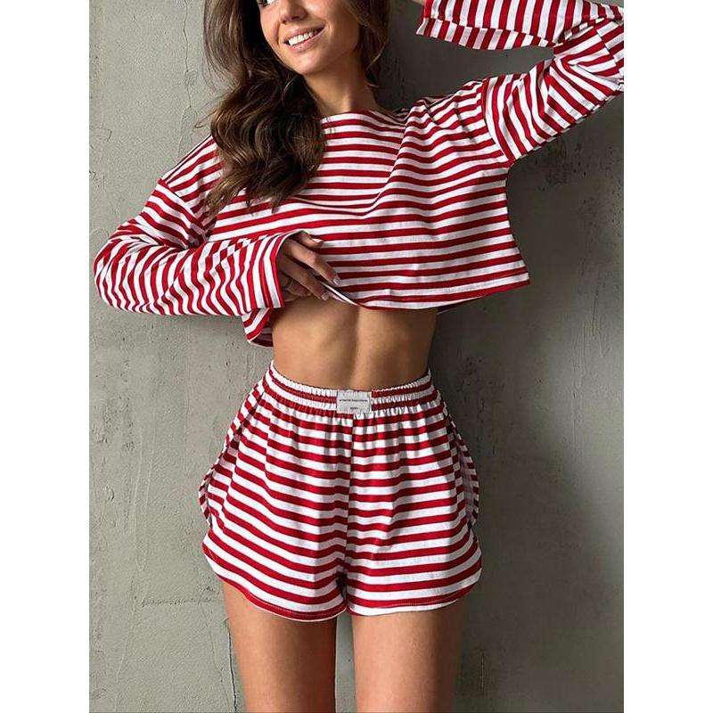 Women's Striped Round Neck Long Sleeve Top & Split Shorts PJ Set