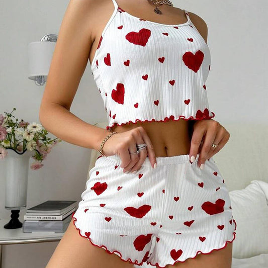 Stripe Heart Printing Sweet Spaghetti-Strap Pajamas