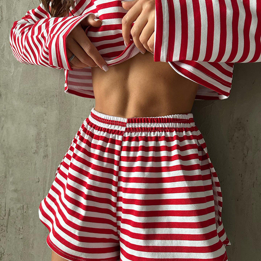 Women's Striped Round Neck Long Sleeve Top & Split Shorts PJ Set