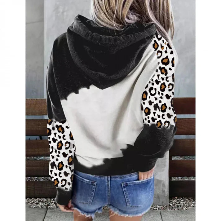 Letter Printed Leopard Drawstring Hoodie