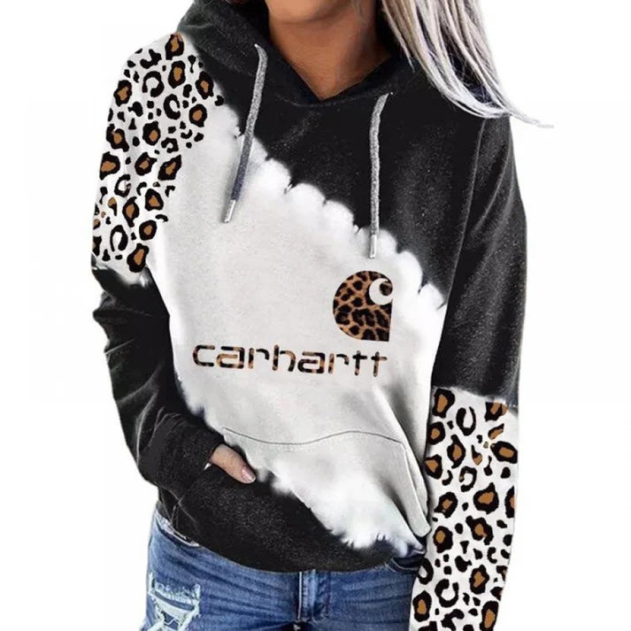 Letter Printed Leopard Drawstring Hoodie